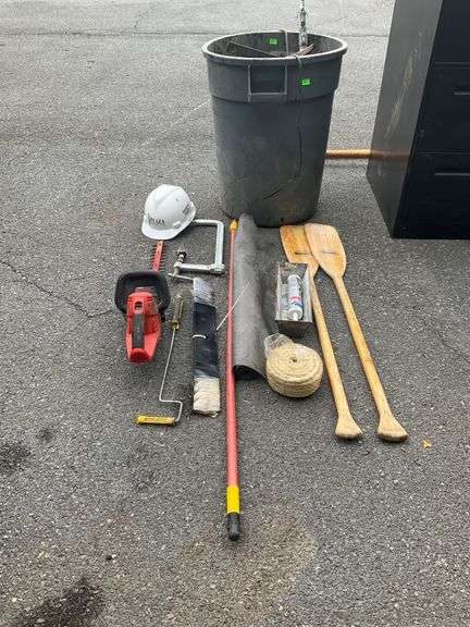 Plastic Trashcan with Assorted Tools and Accessories