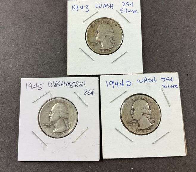 Three silver Washington quarters 1943, 1944D, and 1945