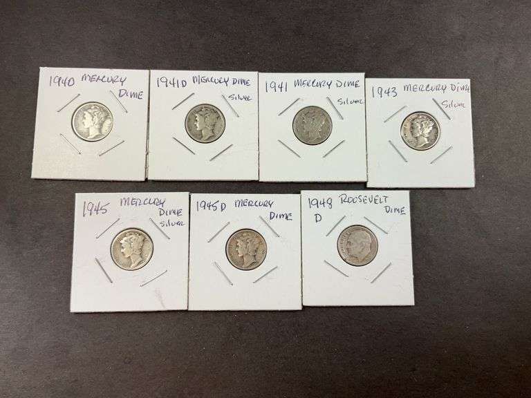 Eight mercury dimes 1940, 1941D, 1941, 1943, 1945, 1945D, and 1948D