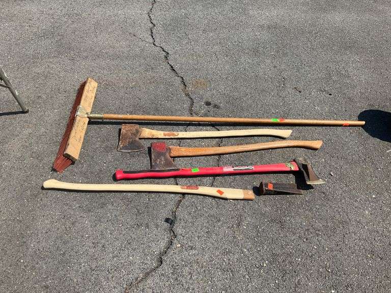 Push Broom, Splitting Wedge, Splitting Maul, and Two Axes with Wooden Handles