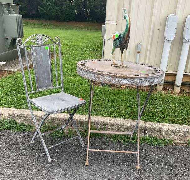 Decorative Metal Bird Sculpture, Foldable Patio Table, and Folding Chair