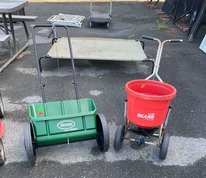 Two Push-Behind Seed Spreaders, Including Scotts Model 1000 and Sears 1100