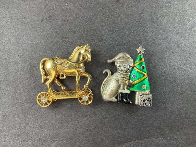 Two Lapel Pins Rocking Horse w/ Cat And Christmas Tree Pin