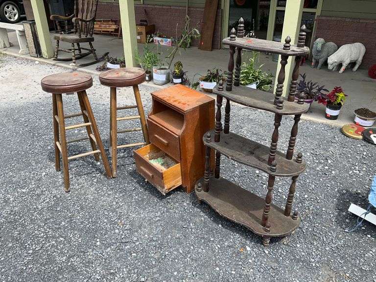 Mold-Affected Furniture Including Stools, Side Cabinet, and Shelving Unit, salvage rights to lot will be kept outside, From the Estate of George R. Rotenberry.