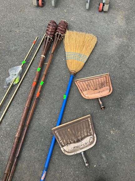 Tiki Torches, Dust Pans, Curtain Rod, and Broom Assortment