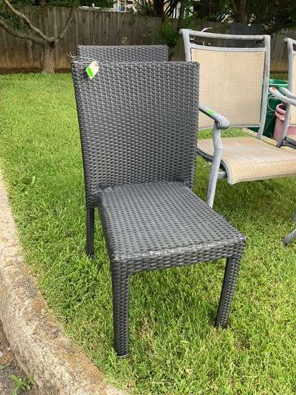 Two Wicker Patio Chairs and Three Aluminum Frame Canvas Chairs