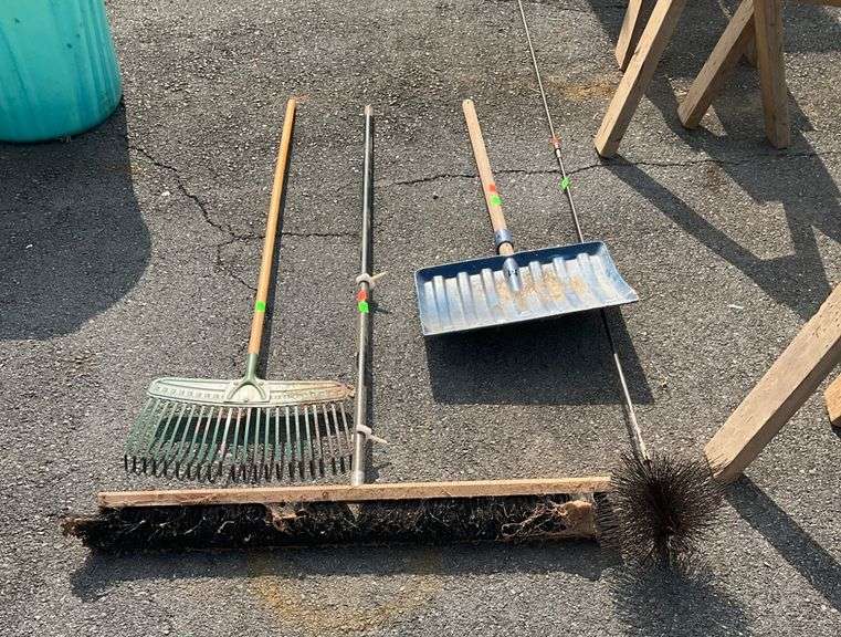 Wooden Handle Shovel, Rake, Push Broom, and Chimney Brush Set