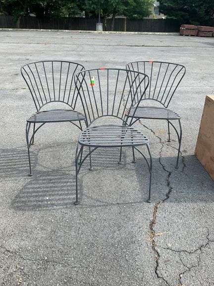 Three Metal Side Chairs with Slatted Seats and Curved Bar Backing