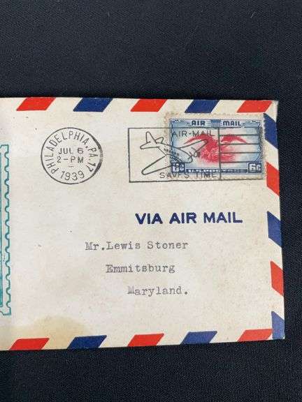 U.S. Air mail 1939 dated envelope Mr. Lewis Stoner Emmitsburg, Maryland, has something inside but it is stuck to the envelope