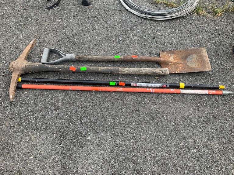 Pickaxe and Shovel with Two Extending Poles