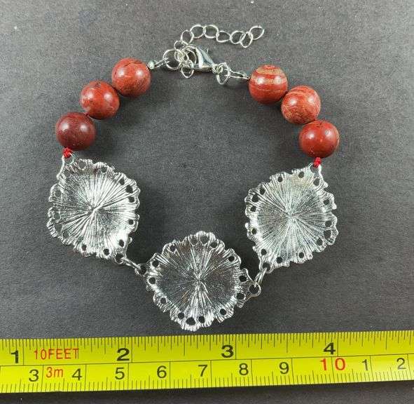 Red jasper 8-10in silvertone bracelet
