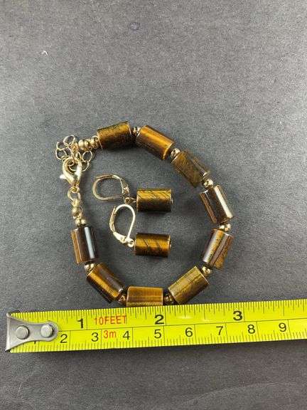 Tiger eye lever back earrings and 7-9in rosetone bracelet