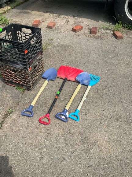 Plastic Toy Shovels and Rakes with Two Milk Crates
