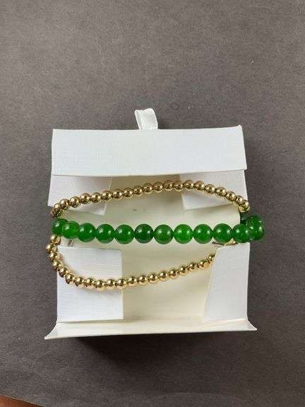 Three Bracelets By Infinite Wisdom Natural Stone Beads Green With Elephant Charm And 2 Gold Tone Beaded Bracelets