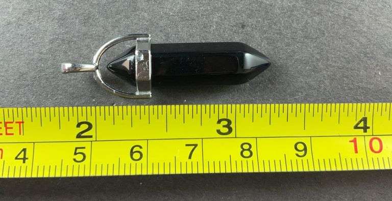 Black obsidian hexagonal crystal silvertone pendant
