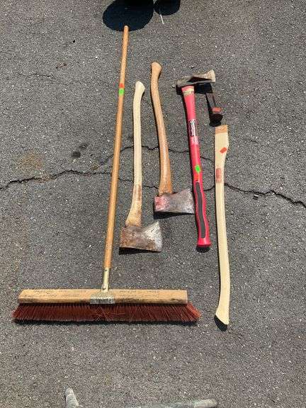Push Broom, Splitting Wedge, Splitting Maul, and Two Axes with Wooden Handles