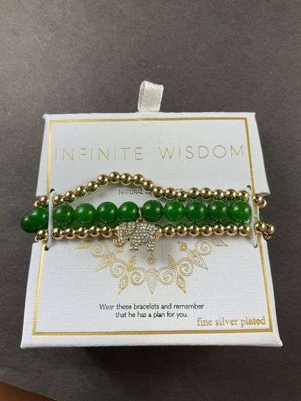 Three Bracelets By Infinite Wisdom Natural Stone Beads Green With Elephant Charm And 2 Gold Tone Beaded Bracelets