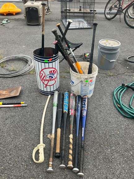 Metal Tin and Plastic Bucket Containing Assorted Baseball Bats