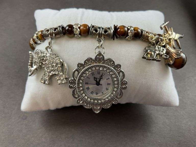 Strada / Genoa tigers eye bead and Austrian crystal Japanese movement 7-7.5in stretch bracelet silvertone watch with charms, new, runs