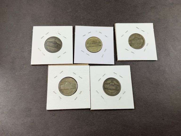 Five silver Jefferson nickels