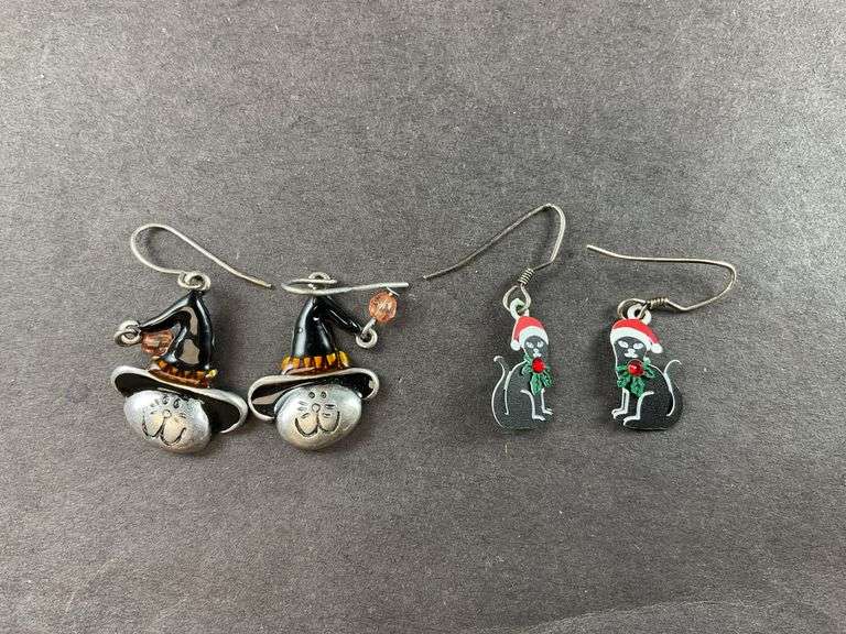 Two Pairs Of Cat Earrings One For Halloween Cat With Witch Hat And One Set For Christmas, Cat With Santa Hat