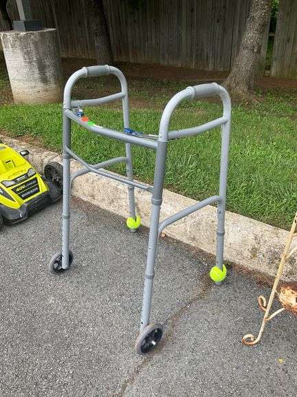 Gray Metal Mobility Walker with Two Wheels and Tennis Ball Feet
