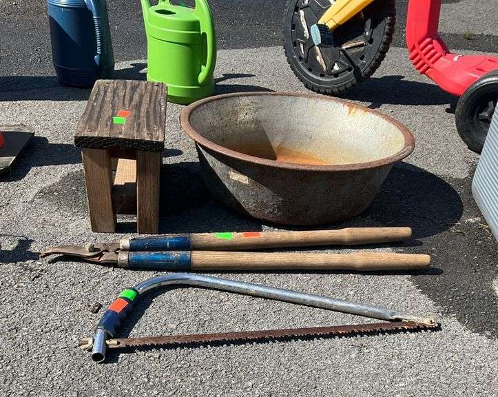 Large Metal Bowl, Bow Saw, Wooden Handle Limb Loopers, and Step Stool