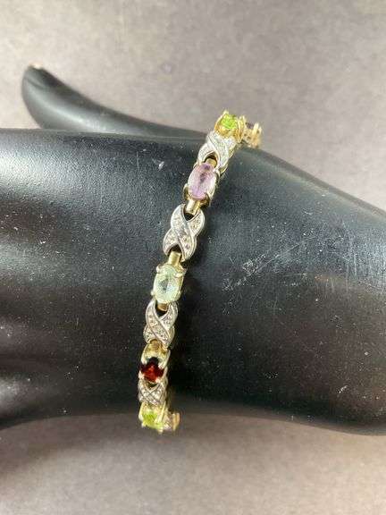Multi Stone Gold Tone Silver Bracelet 11 grams Sterling Silver size 7.5"