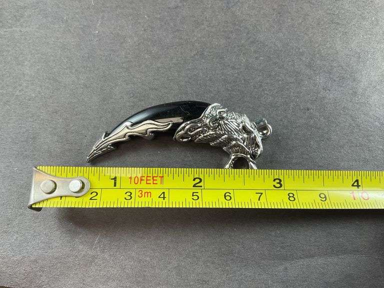 Stainless faux black jade wolf tooth pendant