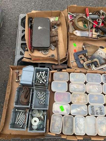 Pallet Lot of Assorted Hand Tools, Hardware, and Organizational Bins