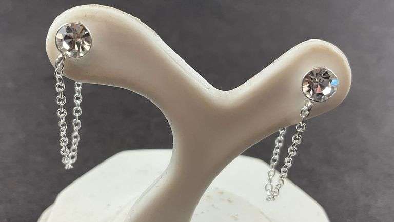 Sterling silver round white crystal with chain stud earrings .70g