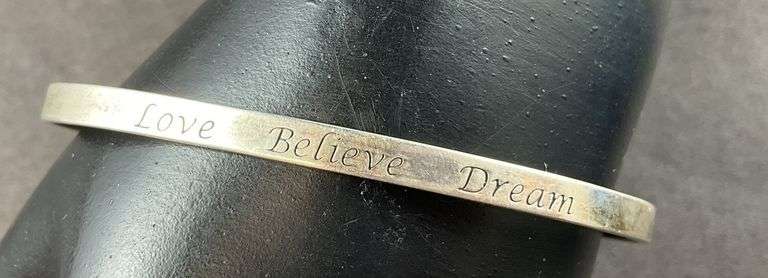 Thin Silver Cuff Bracelet "Love Believe Dream" Engraved 6.8 grams Sterling Silver size 2 1/4"