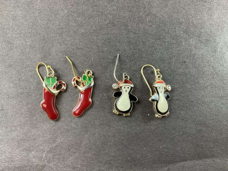 Two Sets Of Christmas Earrings One Is A Red Stocking With Packages, Penguins With Santa Hats Not Magnetic