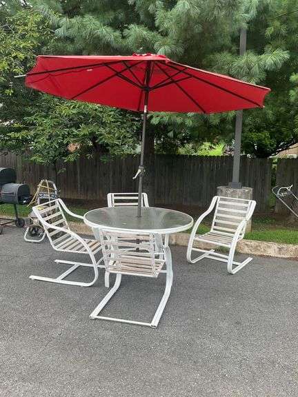 5-Piece Patio Set with Aluminum Frame Chairs, Glass-Top Table, and 8’ Dia. Red Umbrella