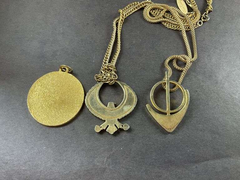 Two Gold Tone Men's Necklaces With Eagle Pendant, One Arrow, Gold Tone Medallion (Mayan) Calendar