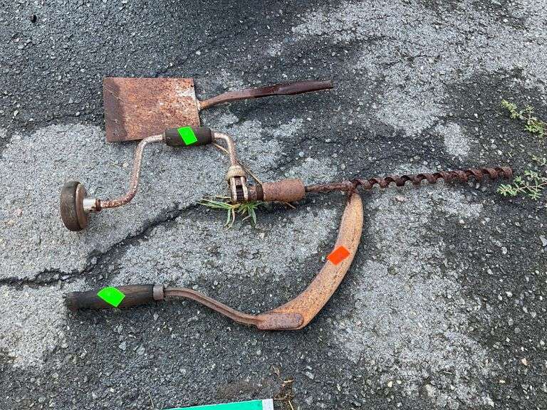 Rustic Manual Drill, Spatula, and Wooden Handle Hand Scythe Set