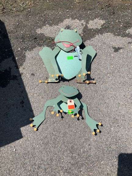 Two Painted Metal Frog Decorations with Embellished Details