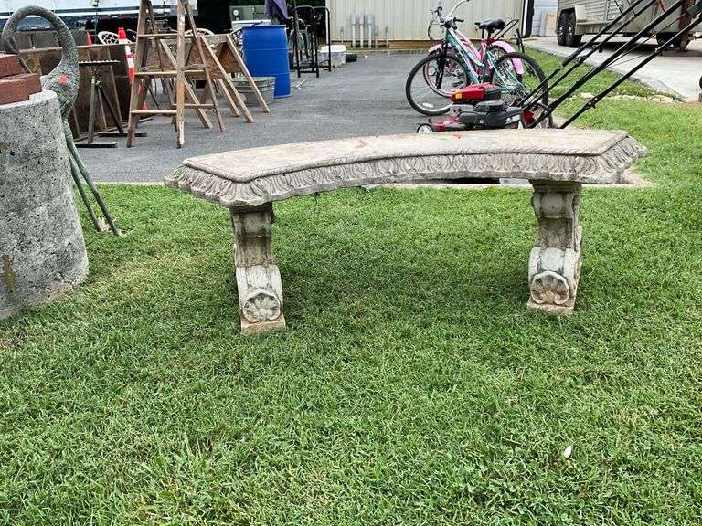 Half-Moon Concrete Bench with Decorative Relief Base, 48 Inches