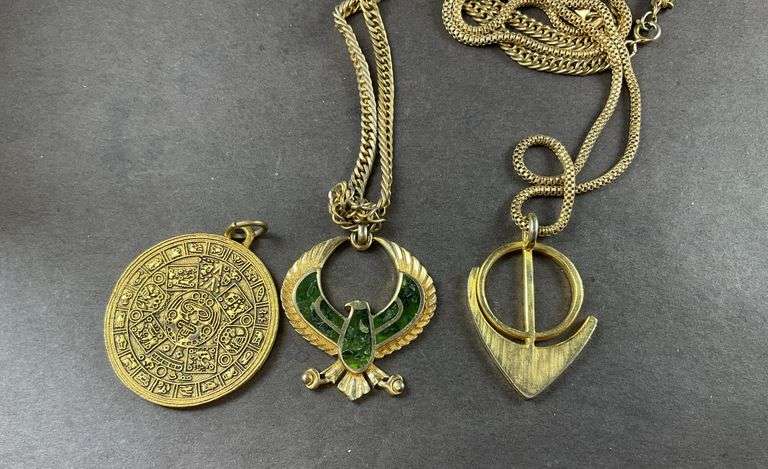 Two Gold Tone Men's Necklaces With Eagle Pendant, One Arrow, Gold Tone Medallion (Mayan) Calendar