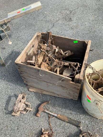 Plastic Bucket and Wooden Crate with Assorted Metal Traps
