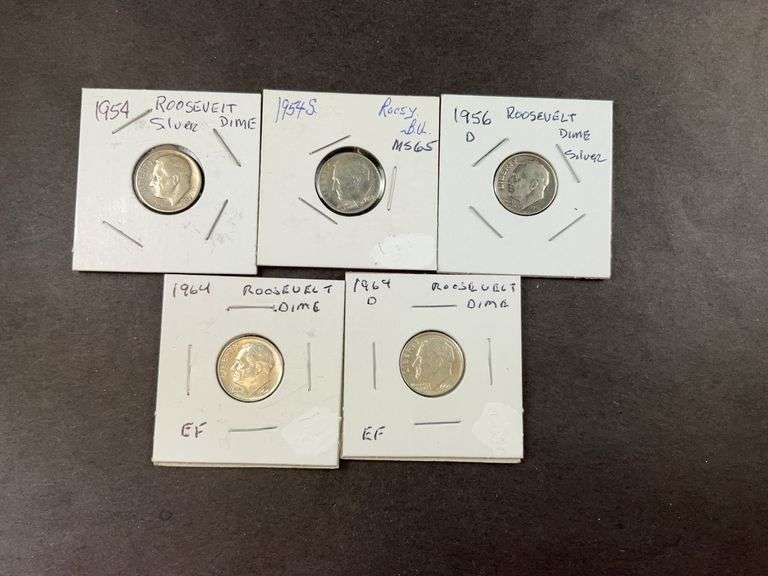 Five silver Roosevelt dimes 1954, 1954S, 1956D, 1964, and 1964D