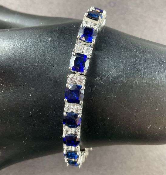 “EMA” Bracelet With Sapphire Like Stones And CZ's 18.7 grams Sterling Silver size 7.5"