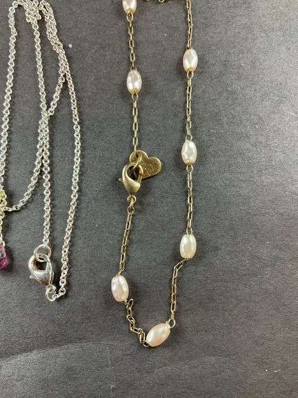 Two Necklaces One With Pearls(Barbie) One With Three Tiny Amber Beads/ Sweater Clip Made From Earrings