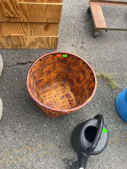 Wicker Basket, Plastic Watering Can, and Metal Wind Chimes Lot