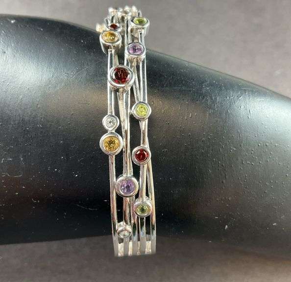 Bangle Bracelet With Multi Stones With A Clasp 20.3 grams Sterling Silver size 2 "