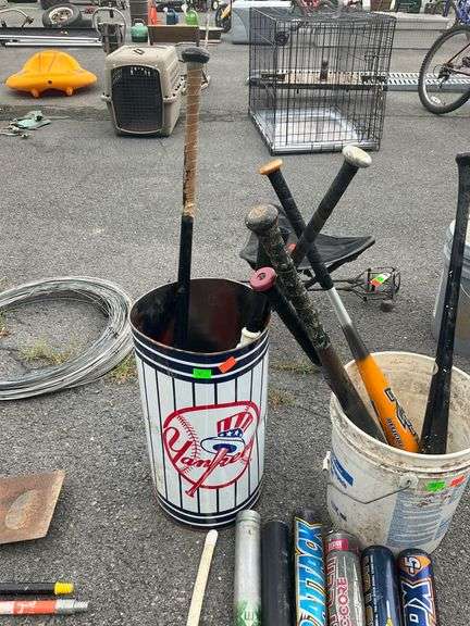 Metal Tin and Plastic Bucket Containing Assorted Baseball Bats
