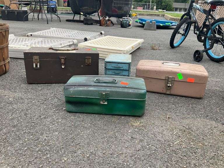 Two Metal Toolboxes, Four-Drawer Organizer, and Fishing Toolbox
