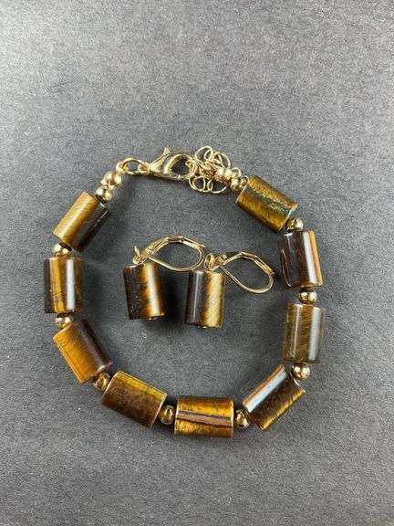 Tiger eye lever back earrings and 7-9in rosetone bracelet