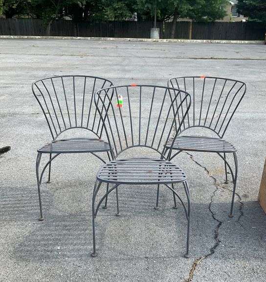 Three Metal Side Chairs with Slatted Seats and Curved Bar Backing
