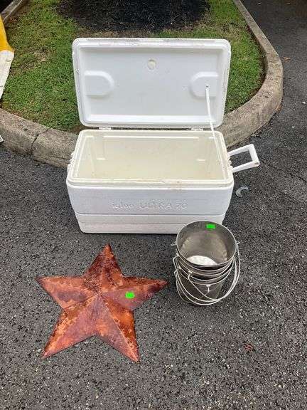 Igloo Cooler, Metal Barn Star, and Galvanized Buckets with Handles